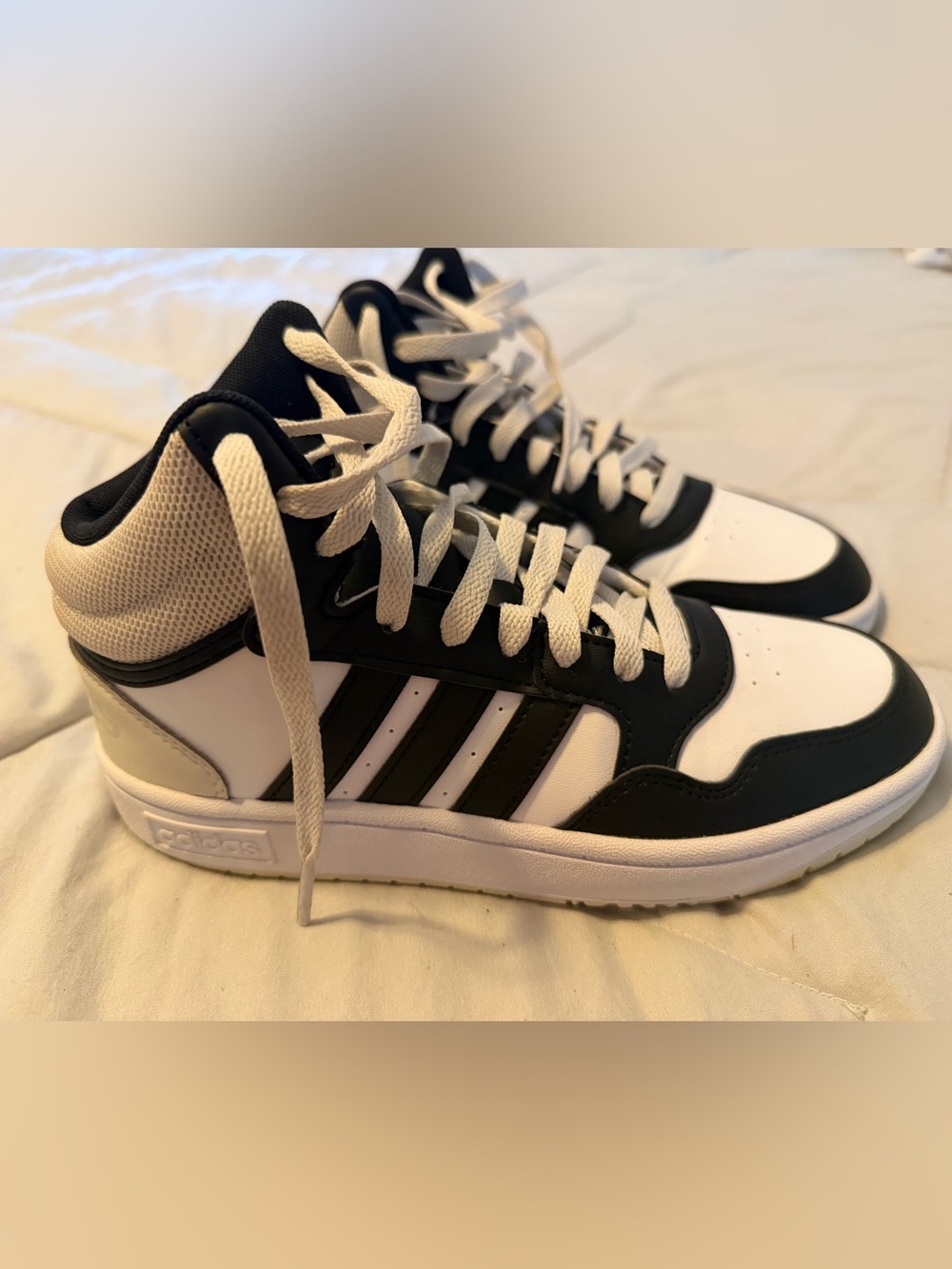 adidas Black and White High-Top Sneakers with Cream Laces